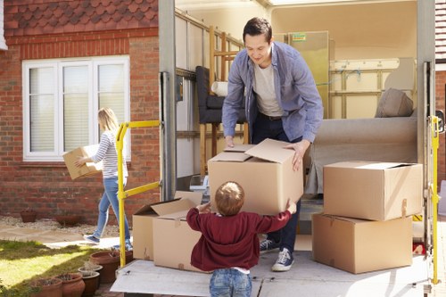 Organised flat relocation service in Catford showing packed boxes and furniture handling